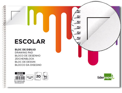 Bloc dibujo escolar Liderpapel espiral 230x325mm. 20h. 90g/m² con recuadro perforado